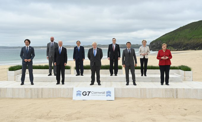 The official G7 photo of world leaders at Carbis Bay, Cornwall.