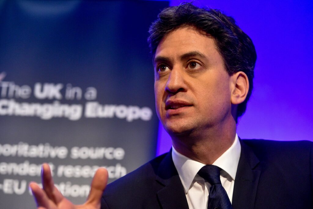 Ed Miliband, the potential new energy secretary for Labour, speaks in front of an audience