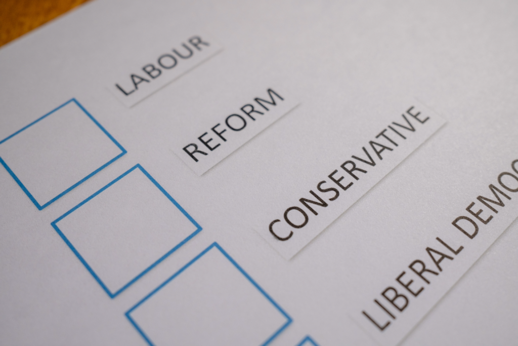 A checklist form shows the candidates for the UK general election 2024
