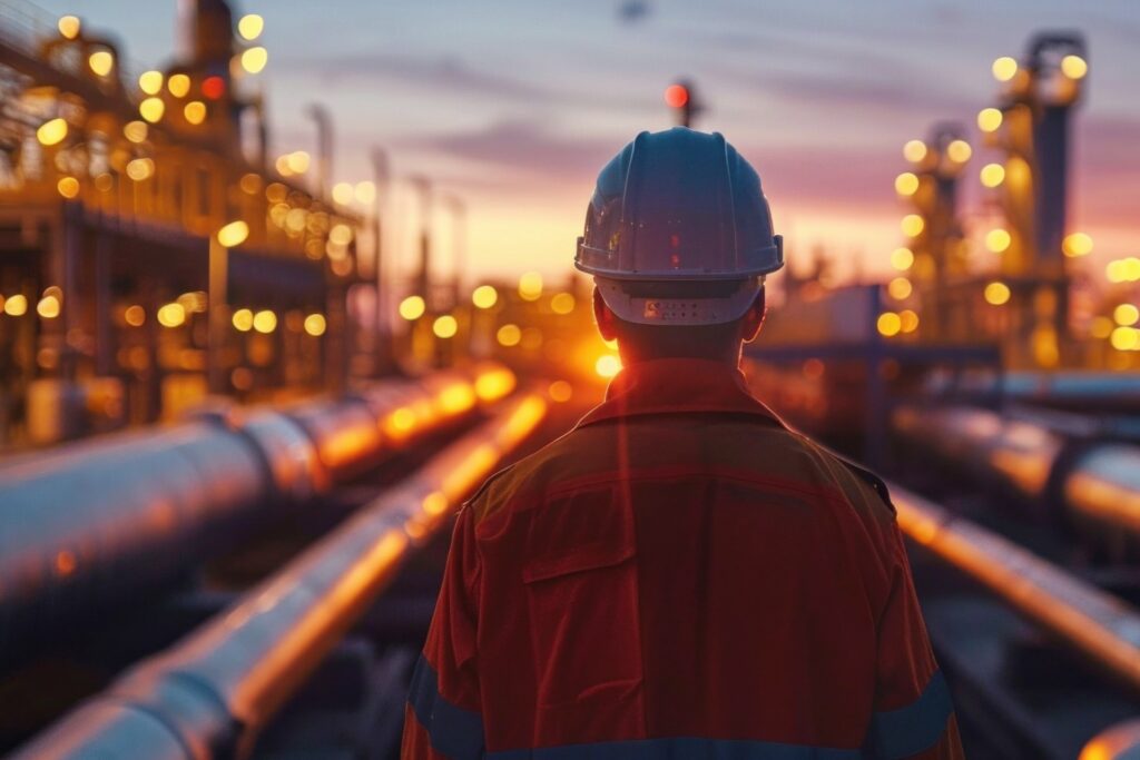 A man wearing a hard hat looks off into the distance over gas network at sunset.