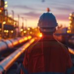 When will the UK really wean itself off gas? A man wearing a hard hat looks off into the distance over gas network at sunset.