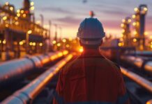 When will the UK really wean itself off gas? A man wearing a hard hat looks off into the distance over gas network at sunset.