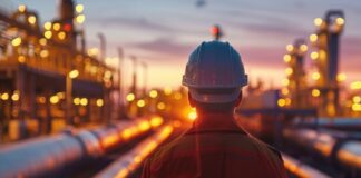 When will the UK really wean itself off gas? A man wearing a hard hat looks off into the distance over gas network at sunset.