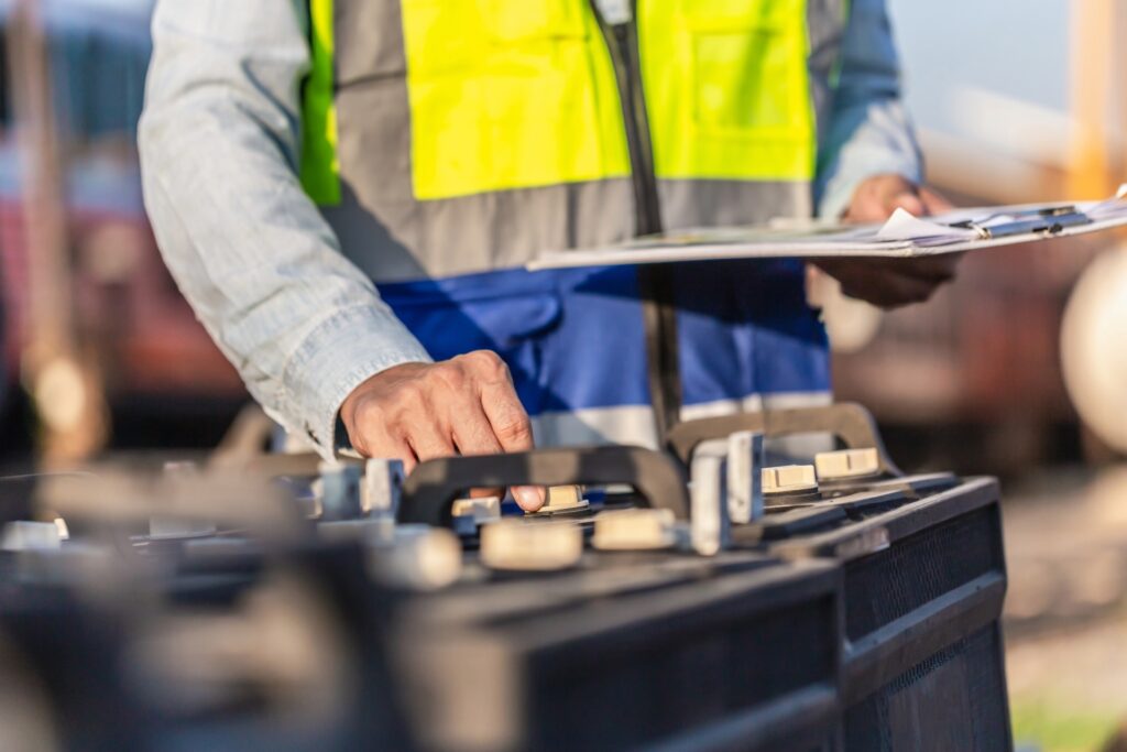 A man in a hi-vis vest is adjusting battery storage