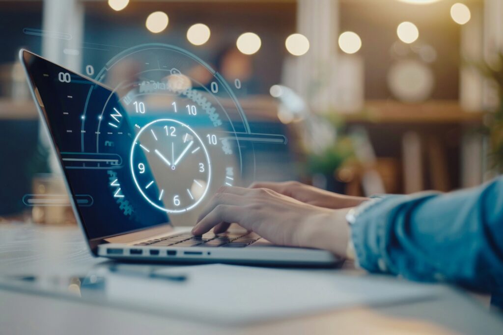 A woman works on her laptop, on her ESOS Phase 3 Action Plan. A clock hovers above the laptop, creating a sci-fi effect.