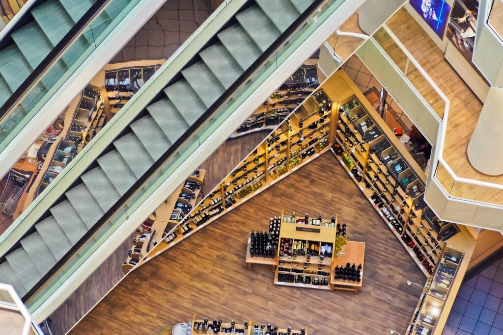 Looking down to lower floors in a shopping mall.