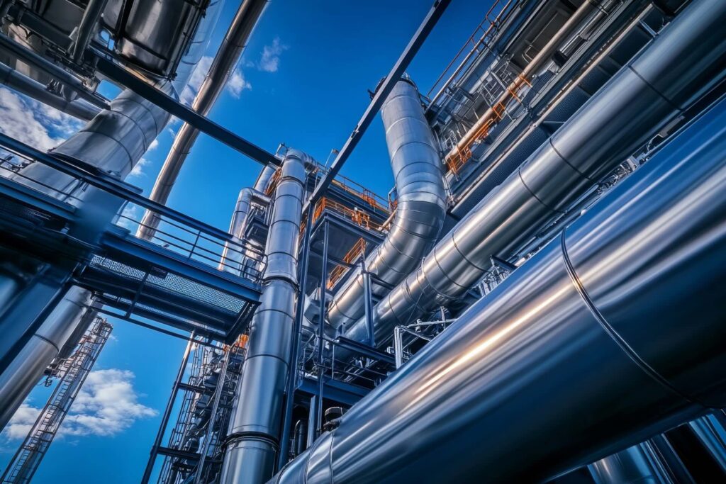 An upward view of pipping at a CCUS plant.