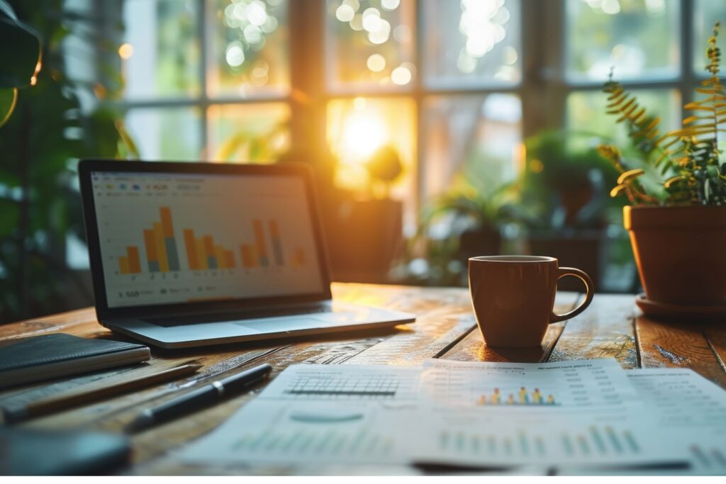 A laptop, sheets of paper, and coffee mug sit on top of a table as the sun comes up in the window behind. The workspace focuses on analysing information for the Capacity Market consultation.