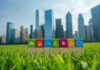 Sustainable Development Goals: What your business needs to know Seven different coloured blocks sit on the grass with the city skyline in the background. Each block contains one of the symbols of the Sustainable Development Goals