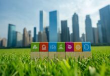 Sustainable Development Goals: What your business needs to know Seven different coloured blocks sit on the grass with the city skyline in the background. Each block contains one of the symbols of the Sustainable Development Goals