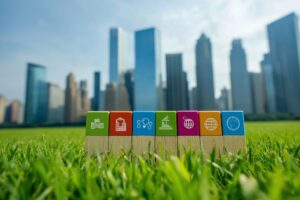 Seven different coloured blocks sit on the grass with the city skyline in the background. Each block contains one of the symbols of the Sustainable Development Goals