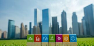 Sustainable Development Goals: What your business needs to know Seven different coloured blocks sit on the grass with the city skyline in the background. Each block contains one of the symbols of the Sustainable Development Goals