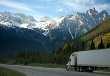 A large white truck drives along a road in front of a mountain range