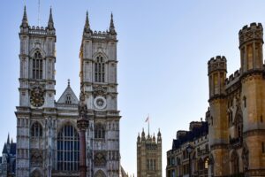 Westminster Abbey in London with blue skies in the background
