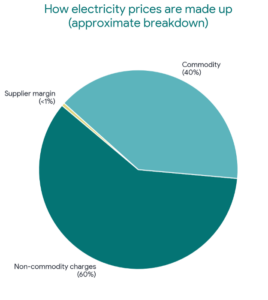 How electricity prices are made up (approximate breakdown). Graph shows commodity costs as 40%, non-commodity costs as 60%, and supplier margin as <1%. 